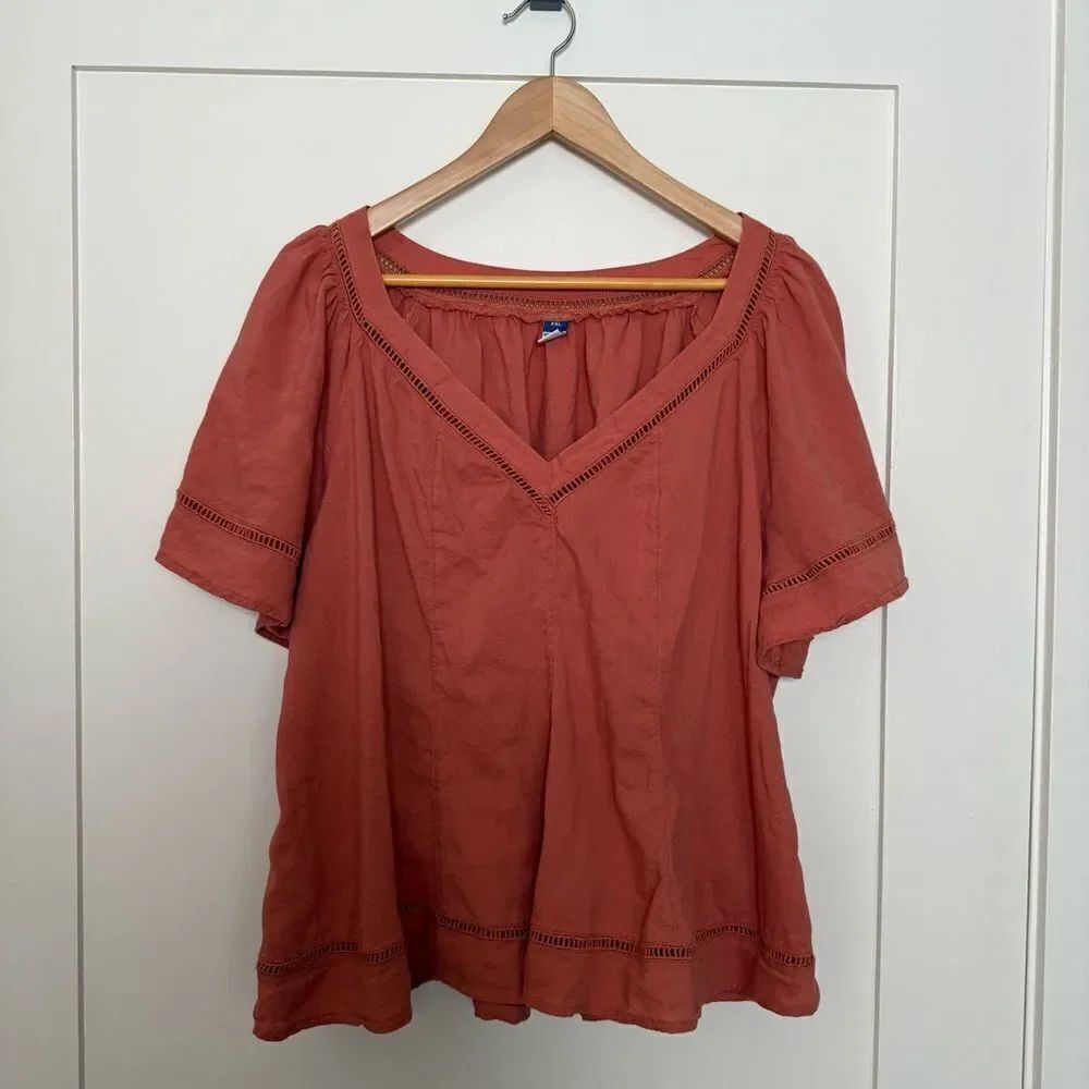 Old Navy Blouse Top Womens Sz XXL Coral Lace Peasant Cottagecore Boho Summer